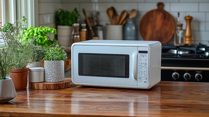 Countertop microwave sits near plants in a home kitchen, possibly for cooking.