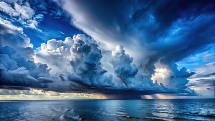 Obraz premium Stormy dark blue sky with clouds of different shapes and sizes over the ocean near Florida