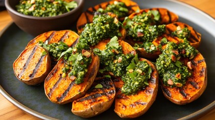 National Cook a Sweet Potato Day Gourmet charred sweet potatoes with pistachio chili pesto garnish