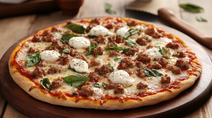Gourmet spicy sausage pizza with burrata and fresh basil on rustic wooden board