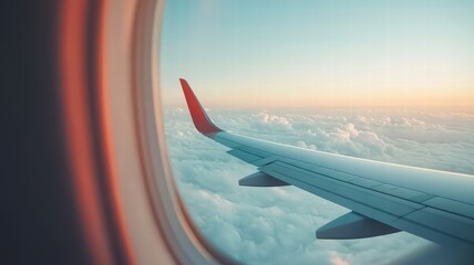 A stunning view of an airplane wing against a backdrop of clouds and a colorful sunset, captured from an aircraft window.