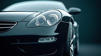 Fototapeta premium A sleek black luxury car with striking headlights, showcasing a modern design and polished finish against a dark backdrop.