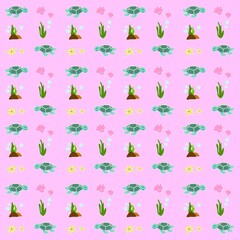 Sea turtle and under water life set pattern. Sea animal and sea plant cartoon design