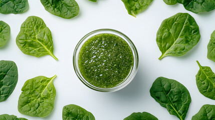 Obraz premium A glass of green smoothie surrounded by fresh spinach leaves on a white background, close-up view, high-resolution photography, insanely detailed and intricate, hyper-realistic, isolated on 