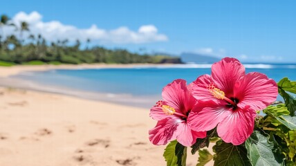 A beautiful beach scene featuring vibrant pink hibiscus flowers in the foreground, with calm blue waters and lush greenery in the background.