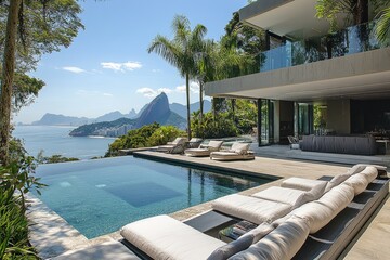 Fototapeta premium Luxury infinity pool overlooking rio de janeiro and sugarloaf mountain
