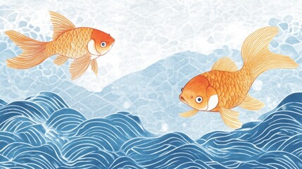Two orange goldfish swimming in wavy blue waters