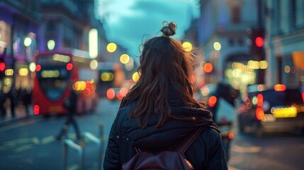 Obraz premium Beautiful woman on urban street at dusk, AI generated image