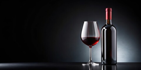 Dark red wine bottle placed on a glass with its rim pointing upwards against a black background