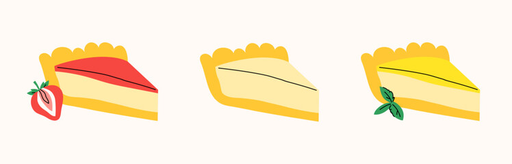 Set of cheesecake slices with different flavors - strawberry, New York, lemon with mint on a light background, drawing, сute simple hand drawn illustration, flat style