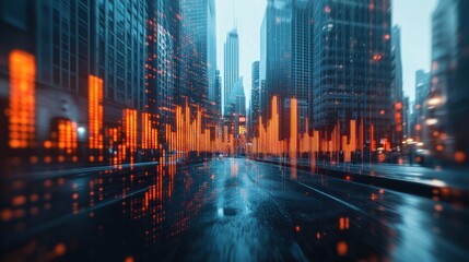 Skyscrapers with an upward overlaying graph symbolizing urban business growth and development.