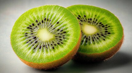 Fototapeta premium Fresh cut kiwi closeup tropical fruit kitchen bright green juicy texture nature's delight