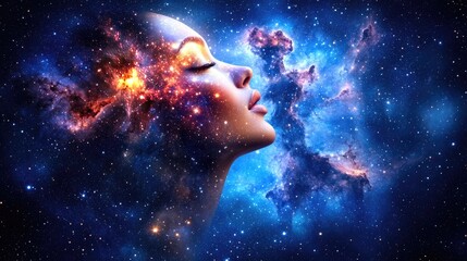 Fototapeta premium Cosmic Woman A Mystical Portrait Against a Starry Night Sky