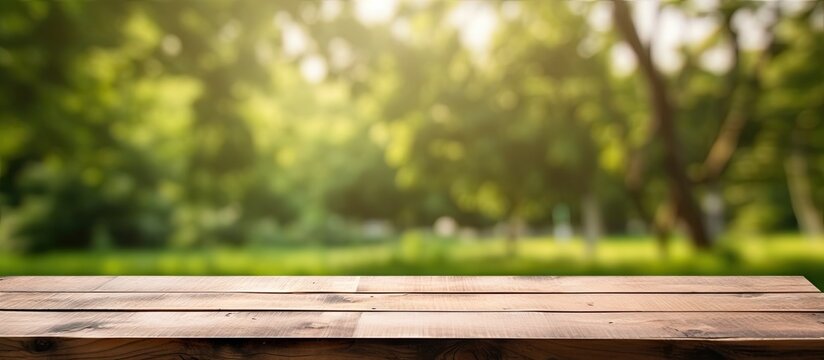 Wooden table with smooth texture in foreground against a blurred green nature background, evoking a serene outdoor atmosphere with soft lighting.