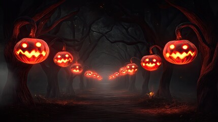 Enchanted Forest Path with Glowing Jack o' lanterns on Halloween Night