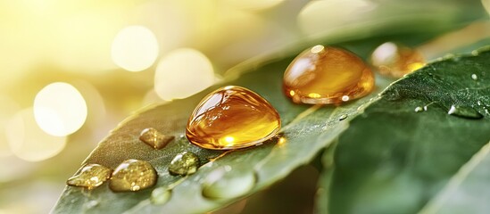 Argan oil drops glisten on green leaves with a warm golden background highlighting the purity and essence of natural argan oil in nature's setting