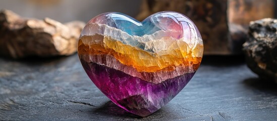 Multicolored gemstone heart with vibrant layers of purple, orange, and blue placed against a dark slate background highlighting its natural beauty.