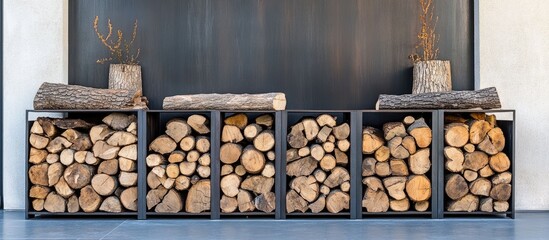 Neatly organized logs of firewood in four modern black metal racks set against a neutral wall with a touch of nature above in warm wood tones.