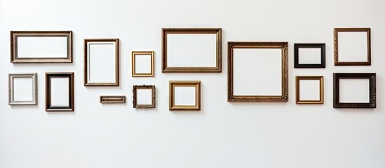 Assorted decorative blank picture frames in varying sizes and colors arranged on a clean white wall with a minimalistic aesthetic.
