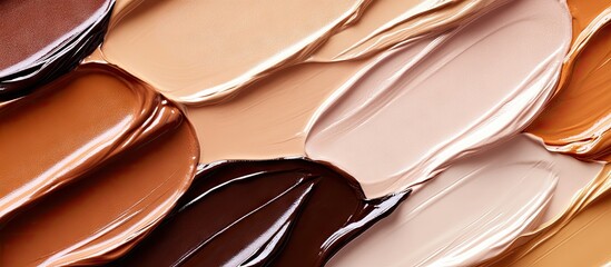 Multicolored liquid foundation texture featuring warm and cool tones in horizontal rows showcasing creamy smooth hues for beauty applications