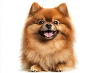 Obraz premium Cute Brown Pomeranian Dog With a Happy Expression Sitting on a White Background
