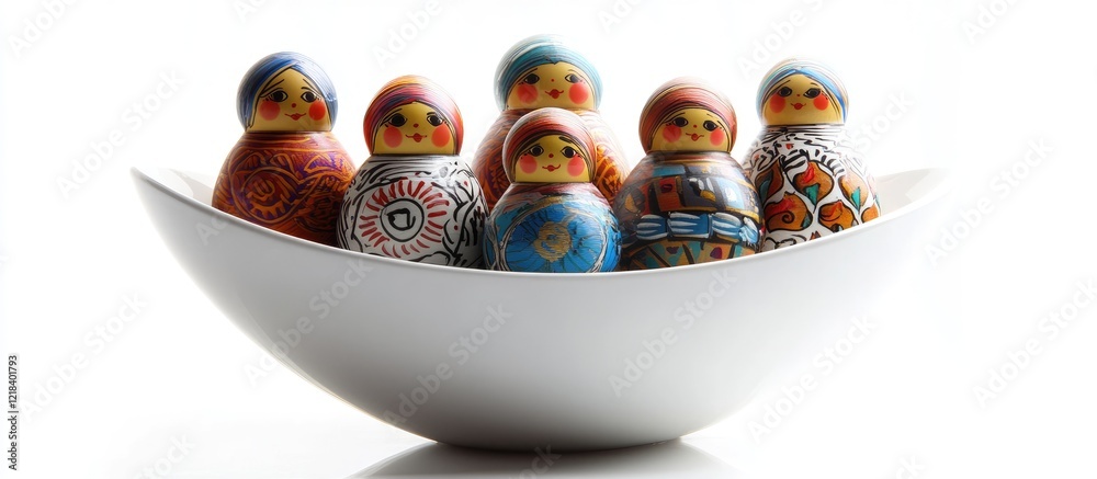 Wall mural Colorful nesting dolls arranged harmoniously in a white bowl on a bright white background highlighting intricate craftsmanship and vibrant details