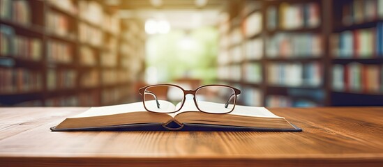 Open book on a wooden table with eyeglasses positioned on the book, blurred library bookshelf in the background conveying an educational theme.