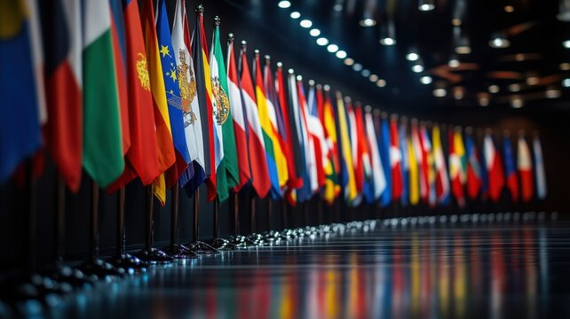 A vibrant display of various national flags arranged in a row, symbolizing unity and international representation under bright lights.