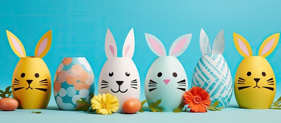 Colorful Easter bunny decorations in a row against a turquoise background with flowers and eggs, featuring vibrant yellow, blue, and pastel shades.