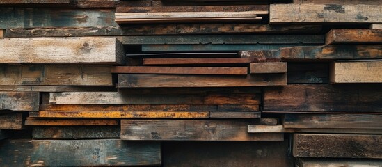 Textured wooden planks in varied shades of brown and grey layered horizontally and vertically against a rustic background for a natural aesthetic.