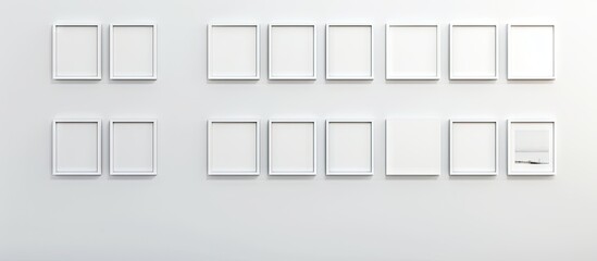 Blank small picture frames arranged in a grid pattern on a minimalist white wall, featuring 16 empty frames positioned evenly across the surface.