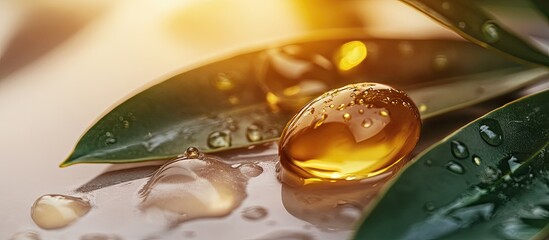Golden argan oil drops glisten on green leaves with water droplets on a soft light background highlighting purity and natural beauty of argan oil