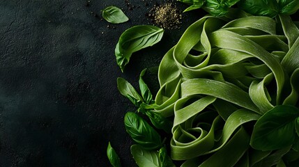Obraz premium Fresh Green Tagliatelle Pasta with Basil and Spices on Dark