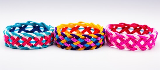 Fototapeta premium Colorful handmade friendship bracelets in vibrant blue, pink, orange on a white background, showcasing intricate woven embroidery and knots.