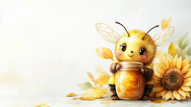 A cute, cartoon-style bee holding a jar of honey, surrounded by sunflower petals Bright and cheerful illustration perfect for childrens themes