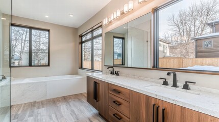Modern bathroom oasis with frameless mirror and floating vanity