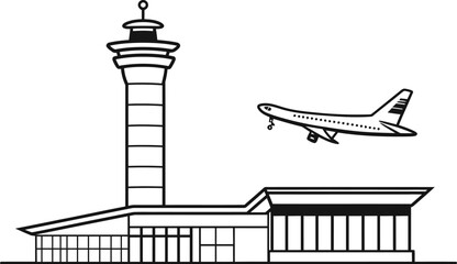 Airport Building with Plane outline vector illustration