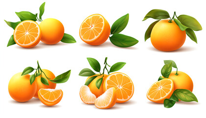 A set of tangerine fruits, both whole and sliced, against a white background. Realistic photography with high resolution and high level of detail. 