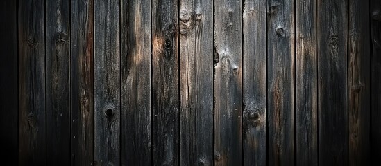 Naklejka premium Textured dark wooden planks with varying shades of brown and black creating a rustic background, vertical alignment emphasizing depth and dimension