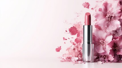 Pink lipstick amidst pink flowers, elegant design. Perfect for beauty, cosmetics, or floral themed projects.