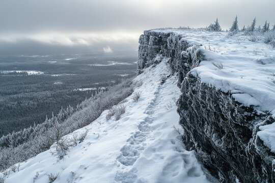 Snowy footprints leading along cliff edge overlooking frozen forest