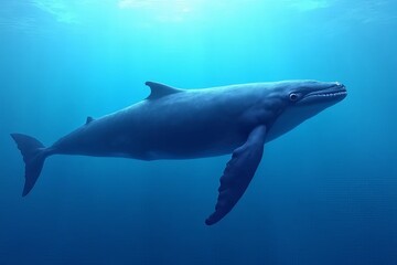 A majestic whale swims gracefully through clear blue waters, showcasing its massive body and fins in a serene underwater environment.