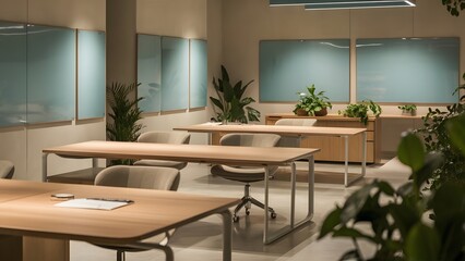 Modern Office Interior Design with Plants and Light Wood Desks