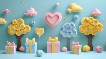 Gifts, heart balloons, and trees, against a blue background, for celebratory use.