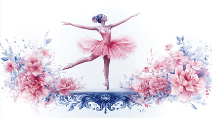Graceful ballet dancer in a pink tutu, surrounded by floral accents, capturing the essence of dance and beauty in a vibrant artistic style