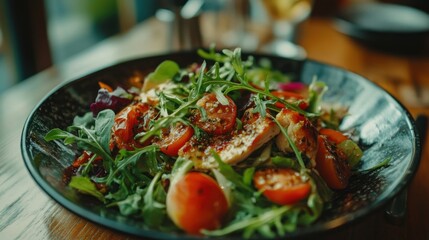 Healthy food display fresh Salad on wooden background, AI generated image
