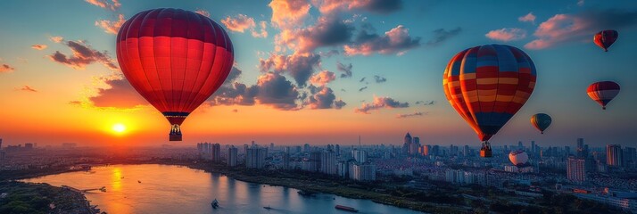 Fototapeta premium Sunset Hot Air Balloons Over Cityscape