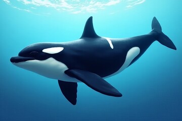 Fototapeta premium An orca swims gracefully underwater, showcasing its distinctive black and white markings against a serene blue backdrop.