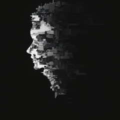 An abstract representation of the human silhouette using glitch art techniques, featuring distorted pixelated patterns and digital glitches to create a visually striking effect. The design is 
