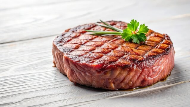 Eine runde Scheibe saftiger Rinderfleisch mit einer glatten Oberfl?che, leicht gebraten und auf einem wei?en Tisch platziert , cooked